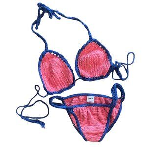 Rat & Boa Coral and Navy Stretchy Crochet Swimsuit, Size: S